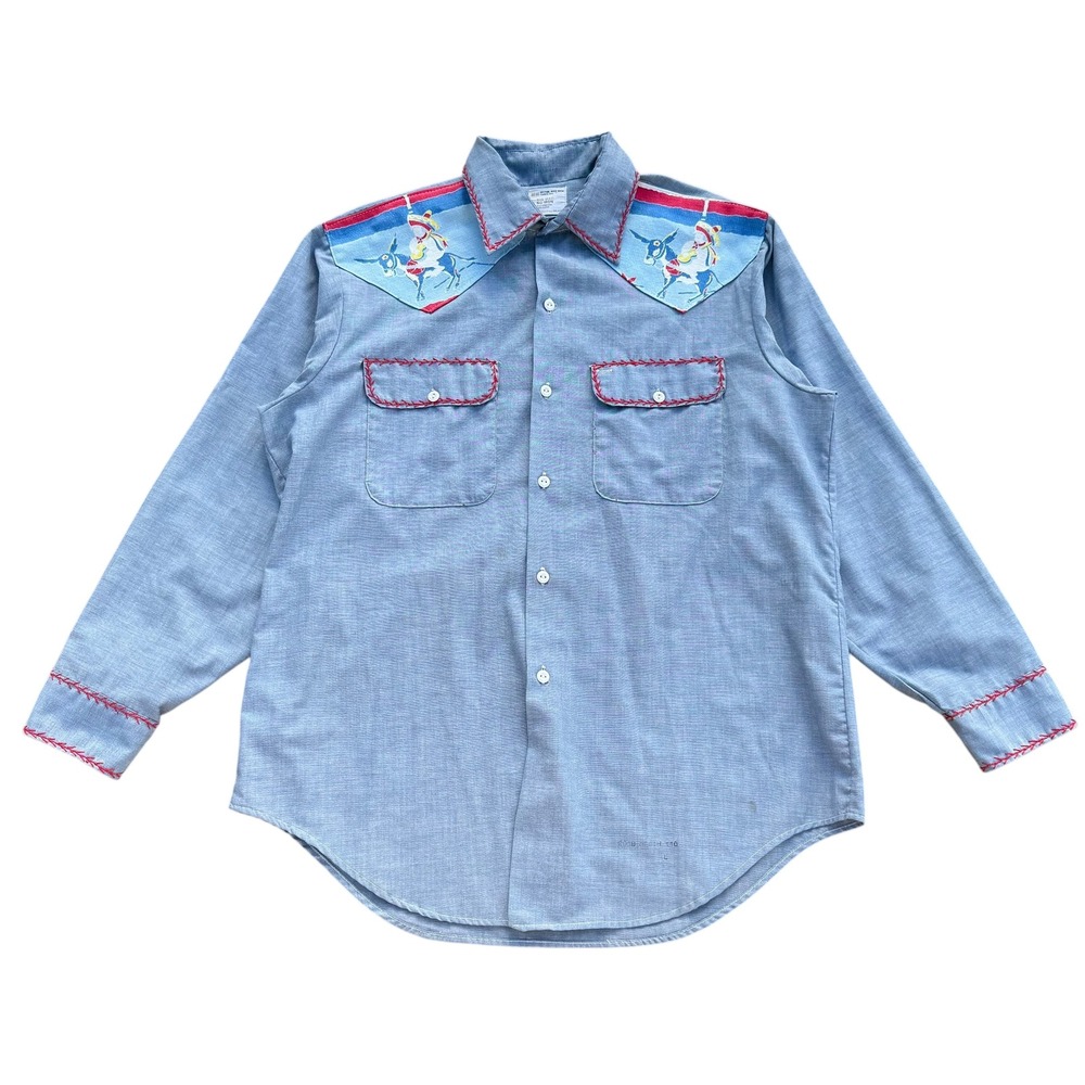 Big Mac No Iron Western Cowboy Shirt Men's L Blue Embroidered Rodeo Palm Tree‎